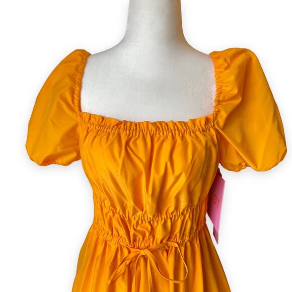 LDT Claire Square Neck Smocked Short Puffed Sleeve Drawstring Front Yellow Dress - Picture 5 of 12